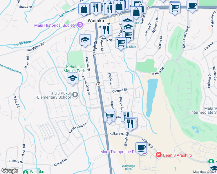 map of restaurants, bars, coffee shops, grocery stores, and more near 31 Poniu Circle in Wailuku