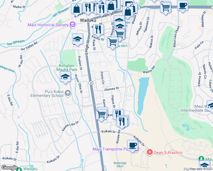 map of restaurants, bars, coffee shops, grocery stores, and more near 28 Poniu Circle in Wailuku