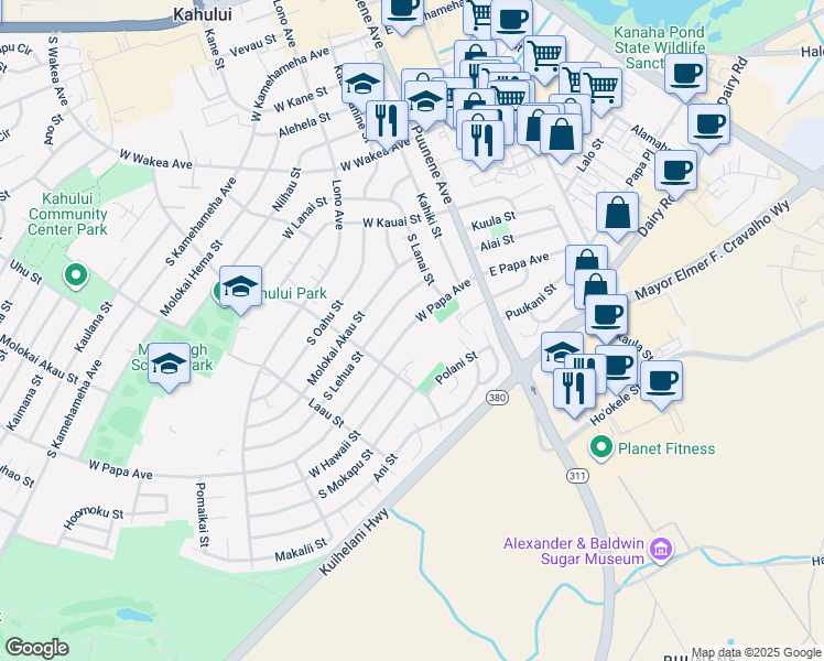 map of restaurants, bars, coffee shops, grocery stores, and more near 117 West Papa Avenue in Kahului
