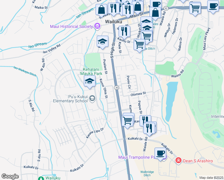 map of restaurants, bars, coffee shops, grocery stores, and more near 83 Kumulaau Ohia Loop in Wailuku