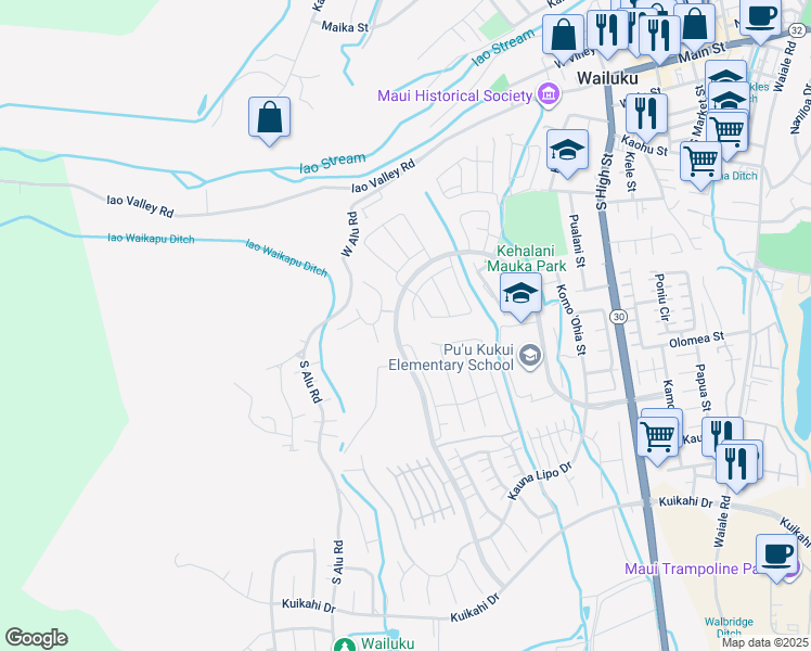 map of restaurants, bars, coffee shops, grocery stores, and more near 74 la iki street in Wailuku