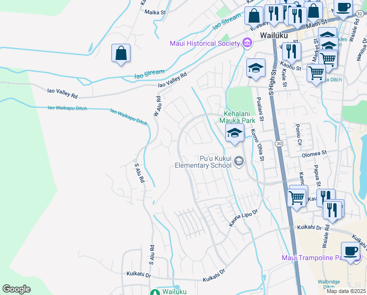 map of restaurants, bars, coffee shops, grocery stores, and more near 74 la iki street in Wailuku