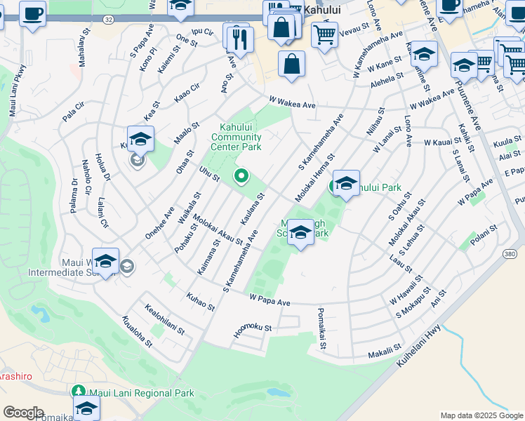 map of restaurants, bars, coffee shops, grocery stores, and more near 500 South Kamehameha Avenue in Kahului