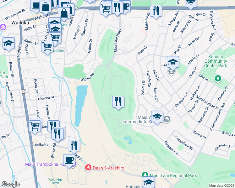 map of restaurants, bars, coffee shops, grocery stores, and more near 28 Meleana Place in Kahului