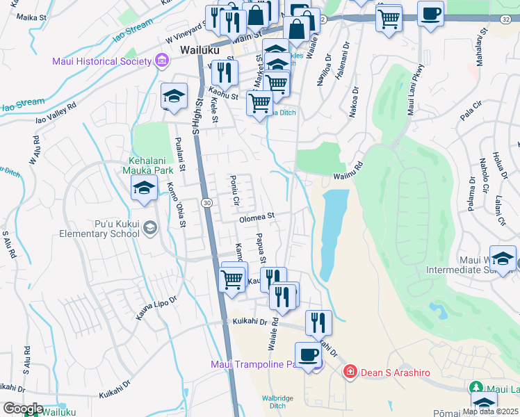 map of restaurants, bars, coffee shops, grocery stores, and more near 201 Poniu Circle in Wailuku