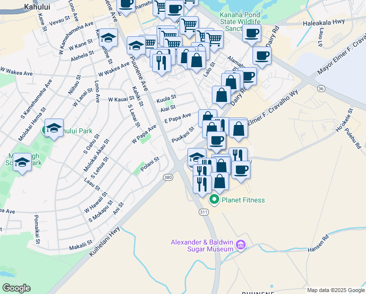 map of restaurants, bars, coffee shops, grocery stores, and more near 29 Puakala Place in Kahului