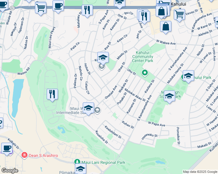 map of restaurants, bars, coffee shops, grocery stores, and more near 445 South Papa Avenue in Kahului