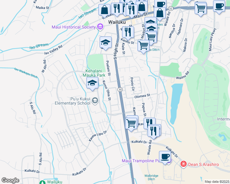 map of restaurants, bars, coffee shops, grocery stores, and more near 83 Kumulaau Ohia Loop in Wailuku