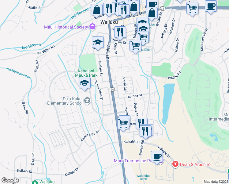 map of restaurants, bars, coffee shops, grocery stores, and more near 586 Akolea Street in Wailuku