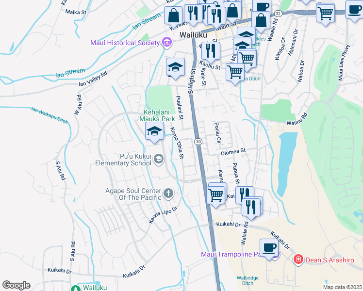 map of restaurants, bars, coffee shops, grocery stores, and more near 593 Koma 'Ohia Street in Wailuku