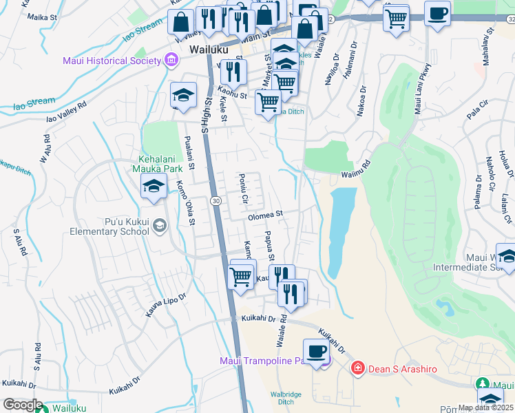 map of restaurants, bars, coffee shops, grocery stores, and more near 194 Poniu Circle in Wailuku