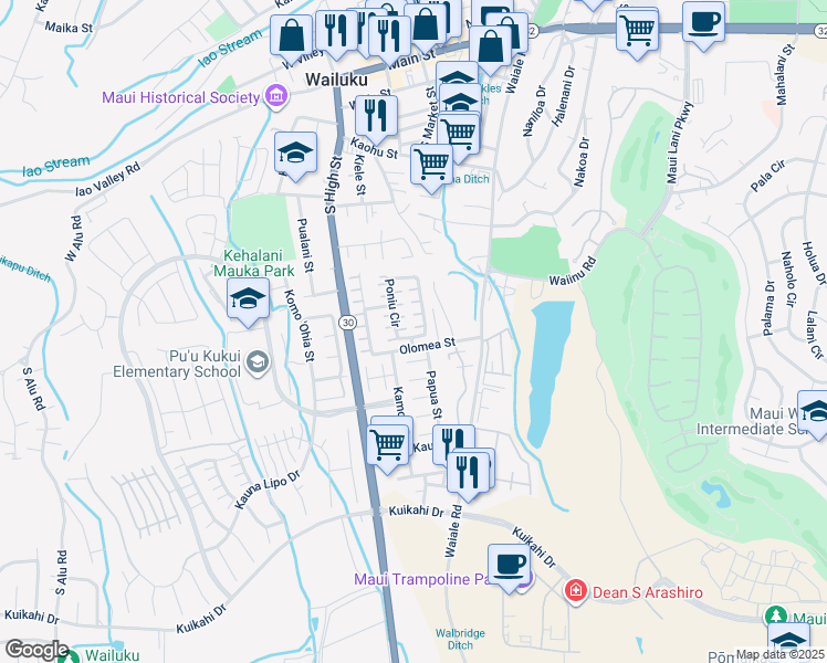 map of restaurants, bars, coffee shops, grocery stores, and more near 194 Poniu Circle in Wailuku