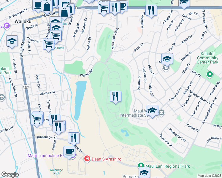 map of restaurants, bars, coffee shops, grocery stores, and more near 25 Puukai Place in Kahului