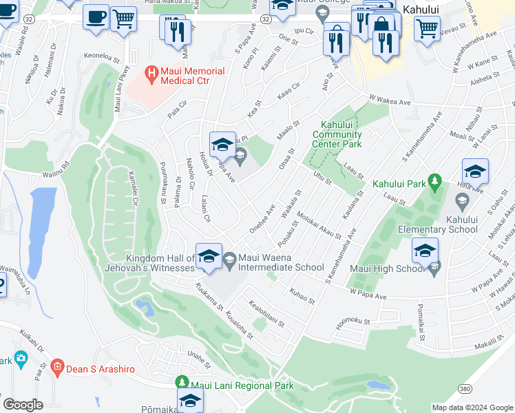 map of restaurants, bars, coffee shops, grocery stores, and more near 445 South Papa Avenue in Kahului