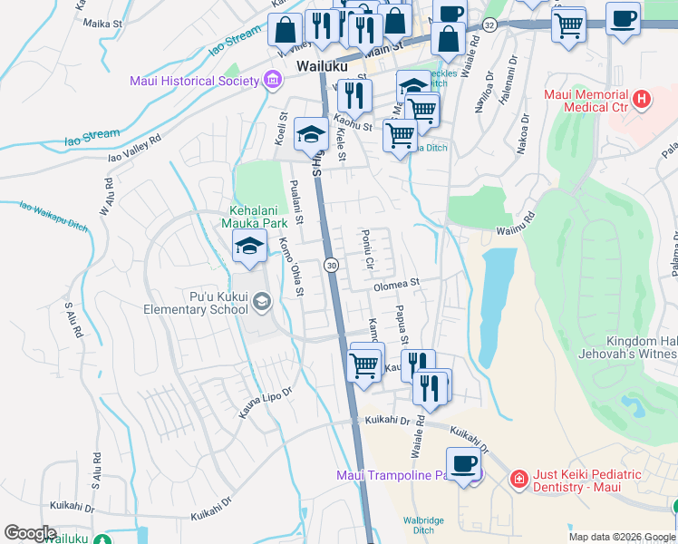 map of restaurants, bars, coffee shops, grocery stores, and more near 586 Akolea Street in Wailuku