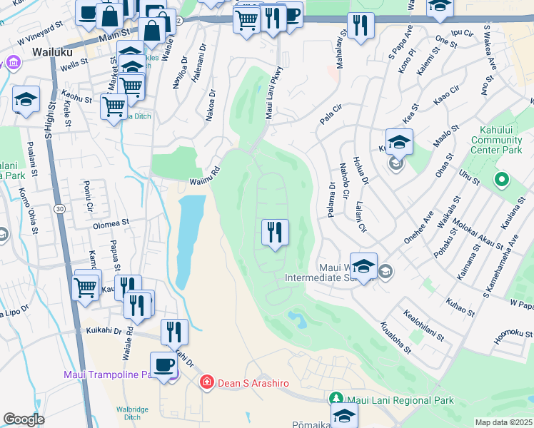 map of restaurants, bars, coffee shops, grocery stores, and more near 29 Puukai Place in Kahului