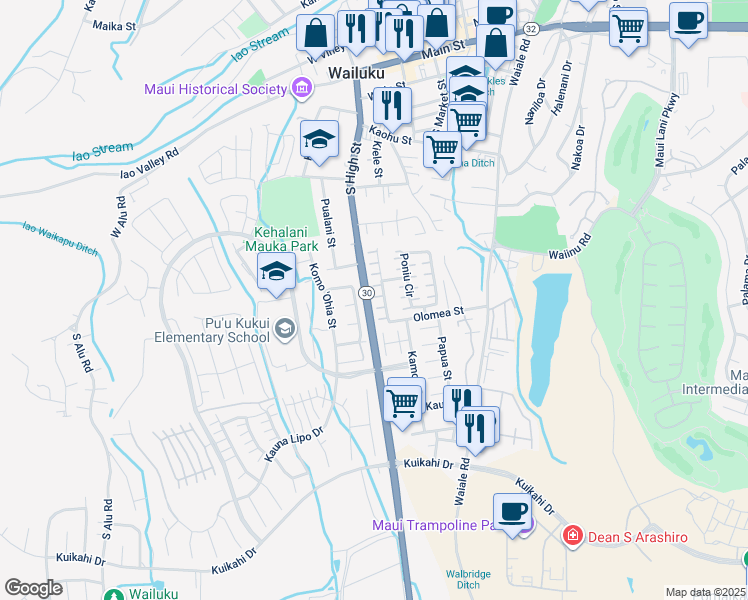 map of restaurants, bars, coffee shops, grocery stores, and more near 586 Akolea Street in Wailuku