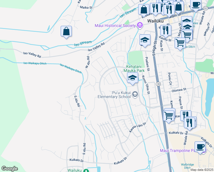 map of restaurants, bars, coffee shops, grocery stores, and more near 127 Ka ʻIkena Loop in Wailuku