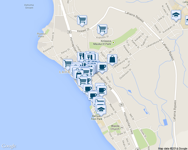 map of restaurants, bars, coffee shops, grocery stores, and more near 840 Waine'e Street in Lahaina