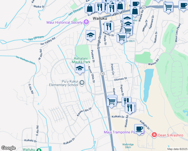 map of restaurants, bars, coffee shops, grocery stores, and more near 593 Koma 'Ohia Street in Wailuku