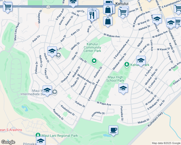 map of restaurants, bars, coffee shops, grocery stores, and more near 524 Kaimana Street in Kahului
