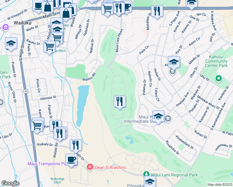 map of restaurants, bars, coffee shops, grocery stores, and more near 25 Puukai Place in Kahului