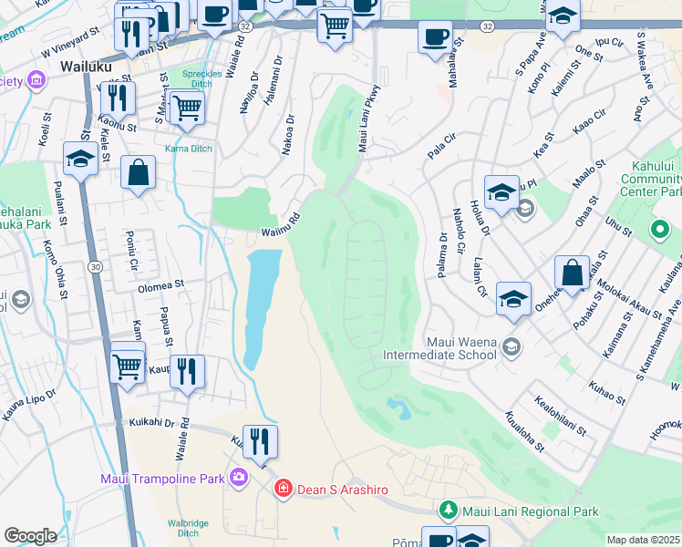 map of restaurants, bars, coffee shops, grocery stores, and more near 395 Kamalei Circle in Kahului