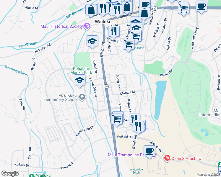 map of restaurants, bars, coffee shops, grocery stores, and more near 590 Akolea Street in Wailuku