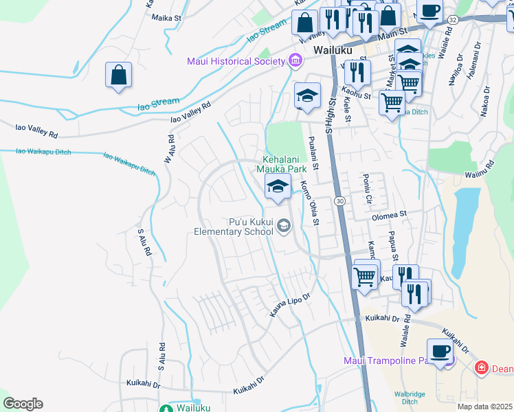 map of restaurants, bars, coffee shops, grocery stores, and more near 213 Pua Kalaunu in Wailuku