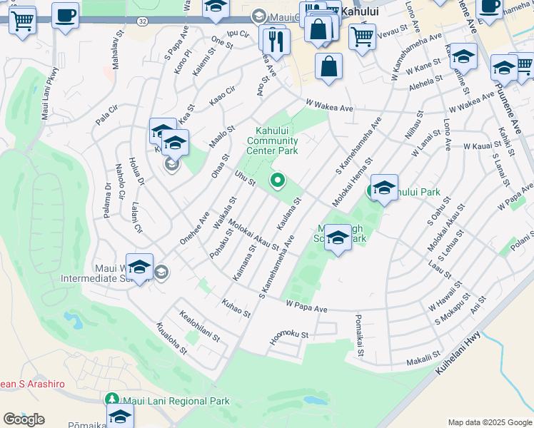 map of restaurants, bars, coffee shops, grocery stores, and more near 524 Kaimana Street in Kahului