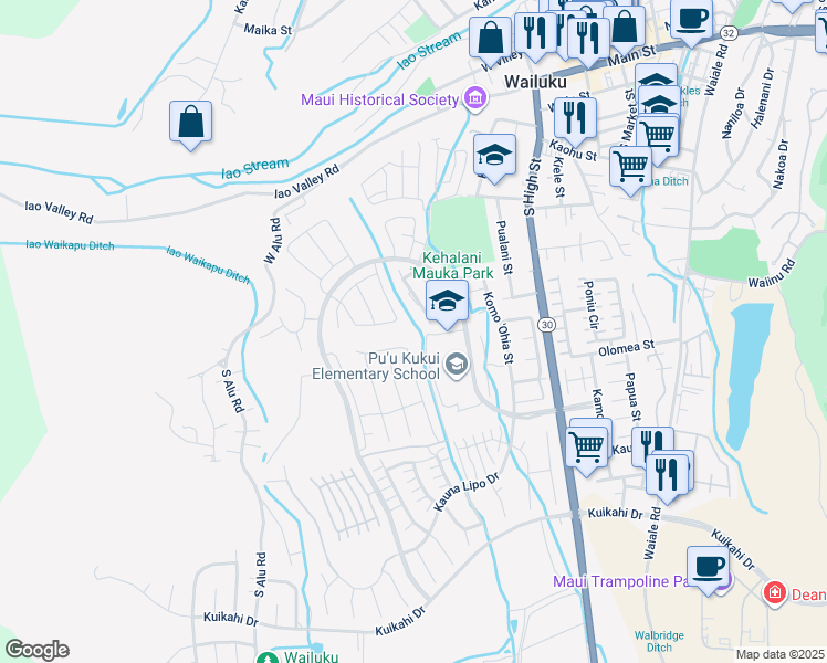map of restaurants, bars, coffee shops, grocery stores, and more near 213 Pua Kalaunu in Wailuku