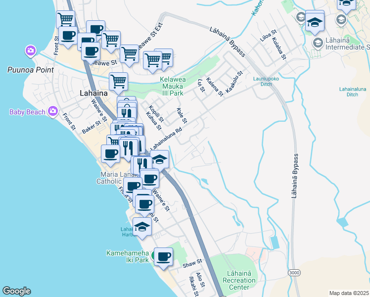 map of restaurants, bars, coffee shops, grocery stores, and more near 387 Pauwala Place in Lahaina