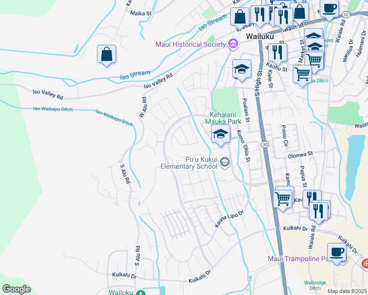 map of restaurants, bars, coffee shops, grocery stores, and more near 115 Ka ʻIkena Loop in Wailuku