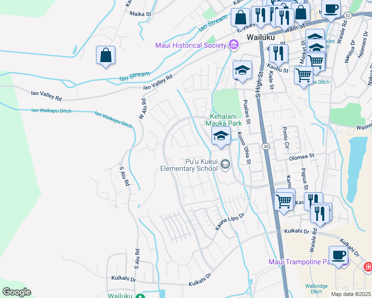 map of restaurants, bars, coffee shops, grocery stores, and more near 111 Ka ʻIkena Loop in Wailuku