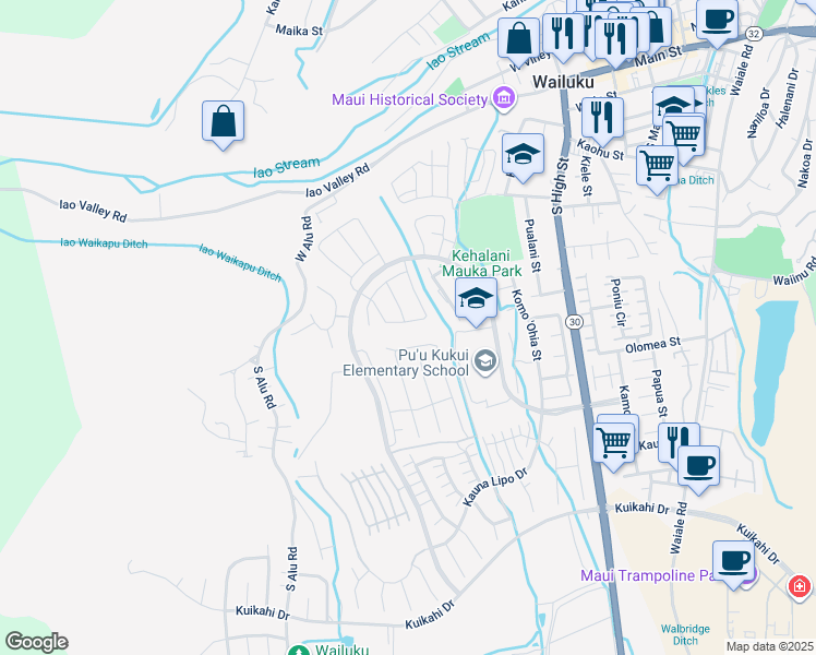 map of restaurants, bars, coffee shops, grocery stores, and more near 103 Ka ʻIkena Loop in Wailuku