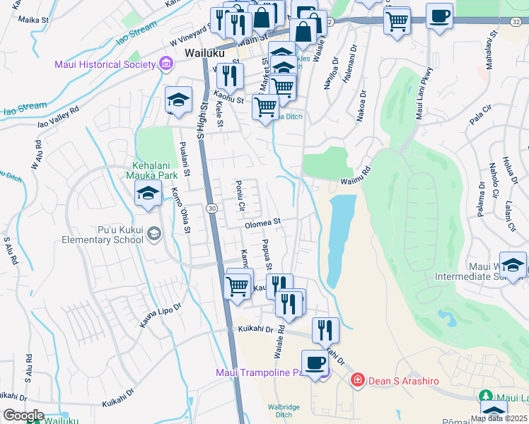 map of restaurants, bars, coffee shops, grocery stores, and more near 197 Poniu Circle in Wailuku