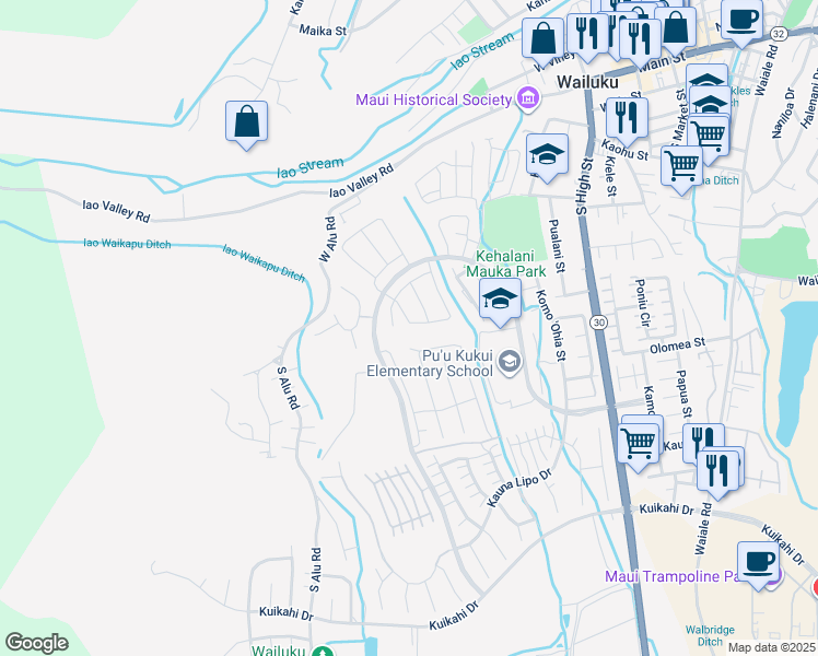 map of restaurants, bars, coffee shops, grocery stores, and more near 123 Ka ʻIkena Loop in Wailuku