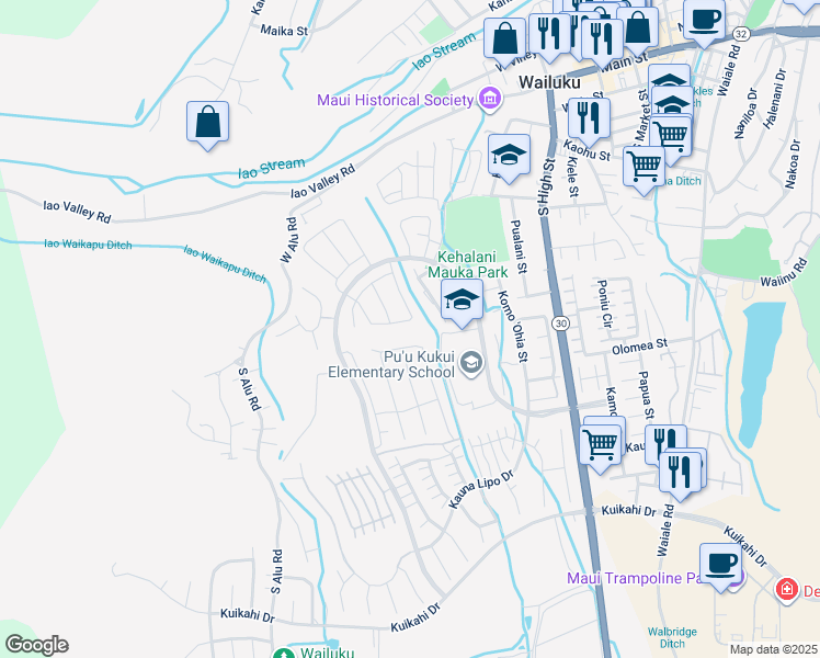 map of restaurants, bars, coffee shops, grocery stores, and more near 195 Pua Kalaunu in Wailuku