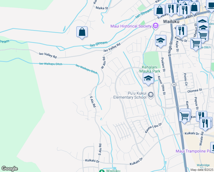 map of restaurants, bars, coffee shops, grocery stores, and more near South Laikeha Place in Wailuku