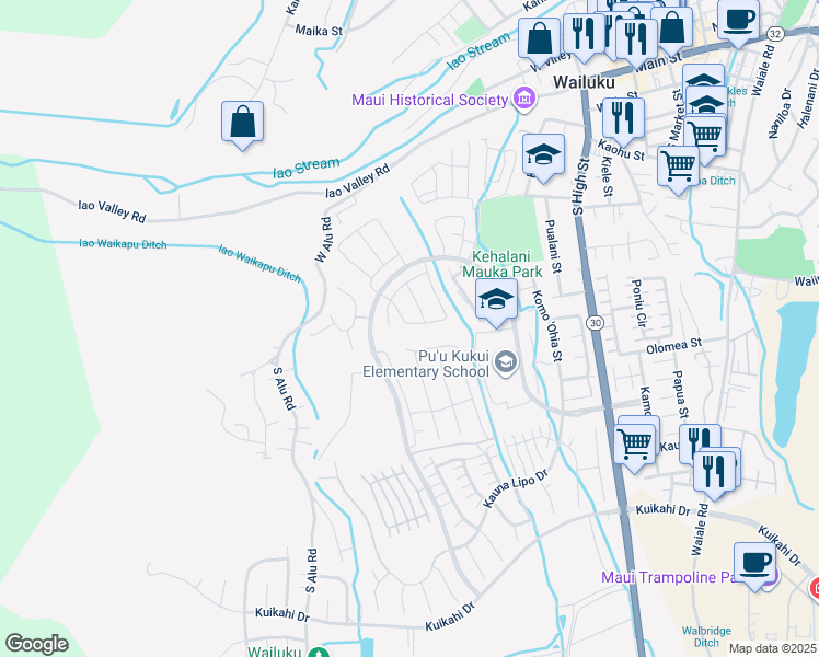 map of restaurants, bars, coffee shops, grocery stores, and more near 119 Ka ʻIkena Loop in Wailuku