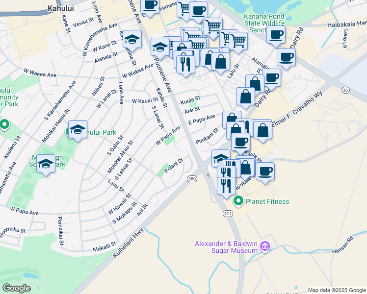 map of restaurants, bars, coffee shops, grocery stores, and more near 2 Akalei Place in Kahului