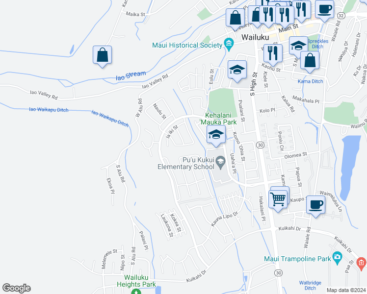 map of restaurants, bars, coffee shops, grocery stores, and more near 107 Ka ʻIkena Loop in Wailuku
