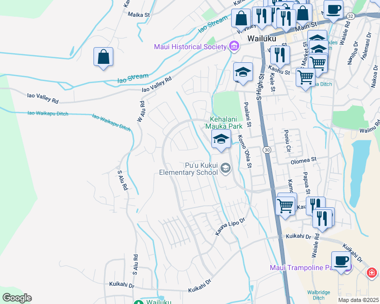 map of restaurants, bars, coffee shops, grocery stores, and more near 103 Ka ʻIkena Loop in Wailuku