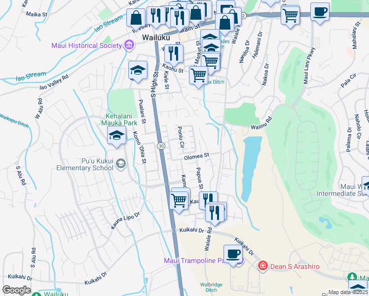 map of restaurants, bars, coffee shops, grocery stores, and more near 34 Poniu Circle in Wailuku
