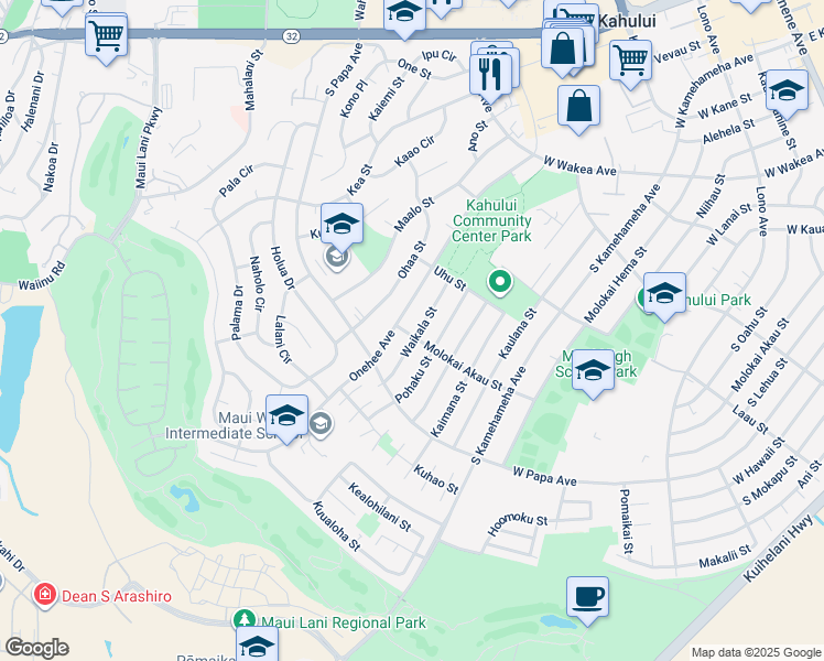 map of restaurants, bars, coffee shops, grocery stores, and more near 762 Molokai Akau Street in Kahului