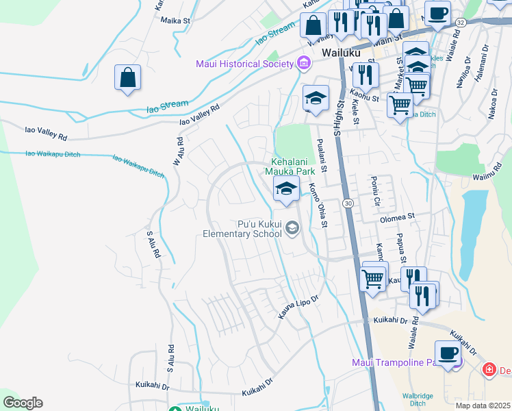 map of restaurants, bars, coffee shops, grocery stores, and more near 87 Ka ʻIkena Loop in Wailuku