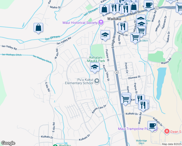 map of restaurants, bars, coffee shops, grocery stores, and more near 127 Hoowaiwai Loop in Wailuku