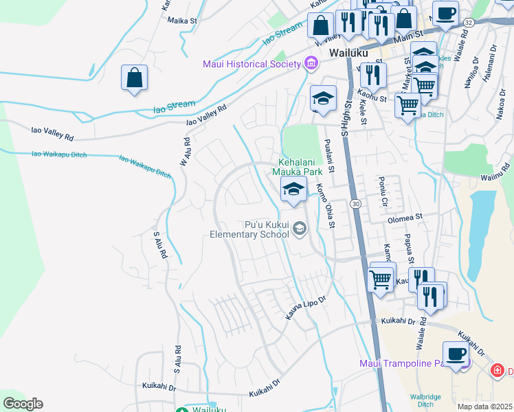 map of restaurants, bars, coffee shops, grocery stores, and more near 95 Ka ʻIkena Loop in Wailuku