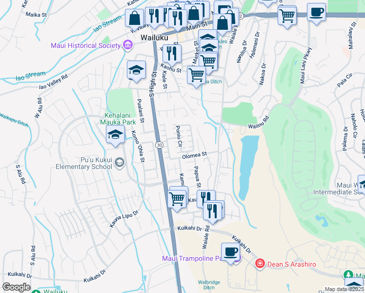 map of restaurants, bars, coffee shops, grocery stores, and more near 34 Poniu Circle in Wailuku