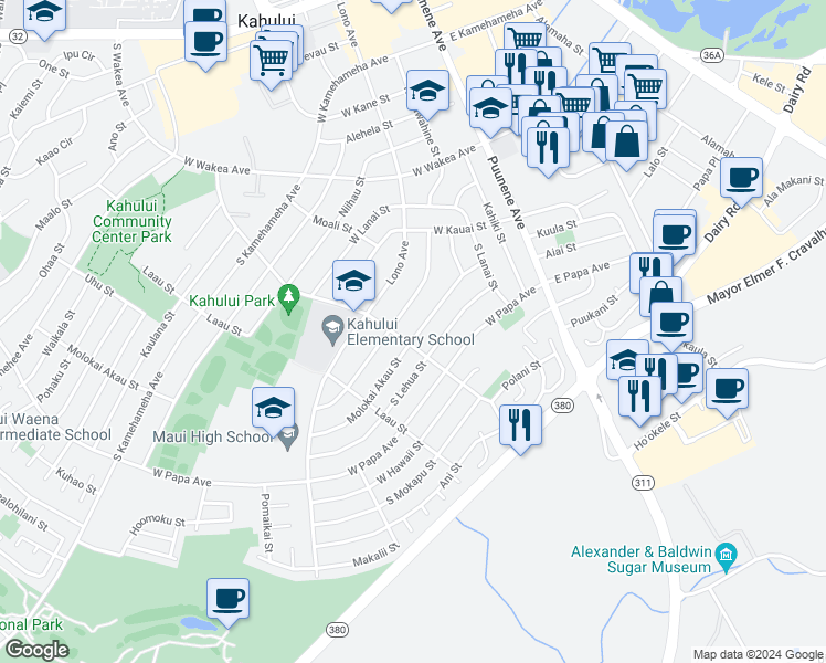 map of restaurants, bars, coffee shops, grocery stores, and more near 192 Molokai Akau Street in Kahului